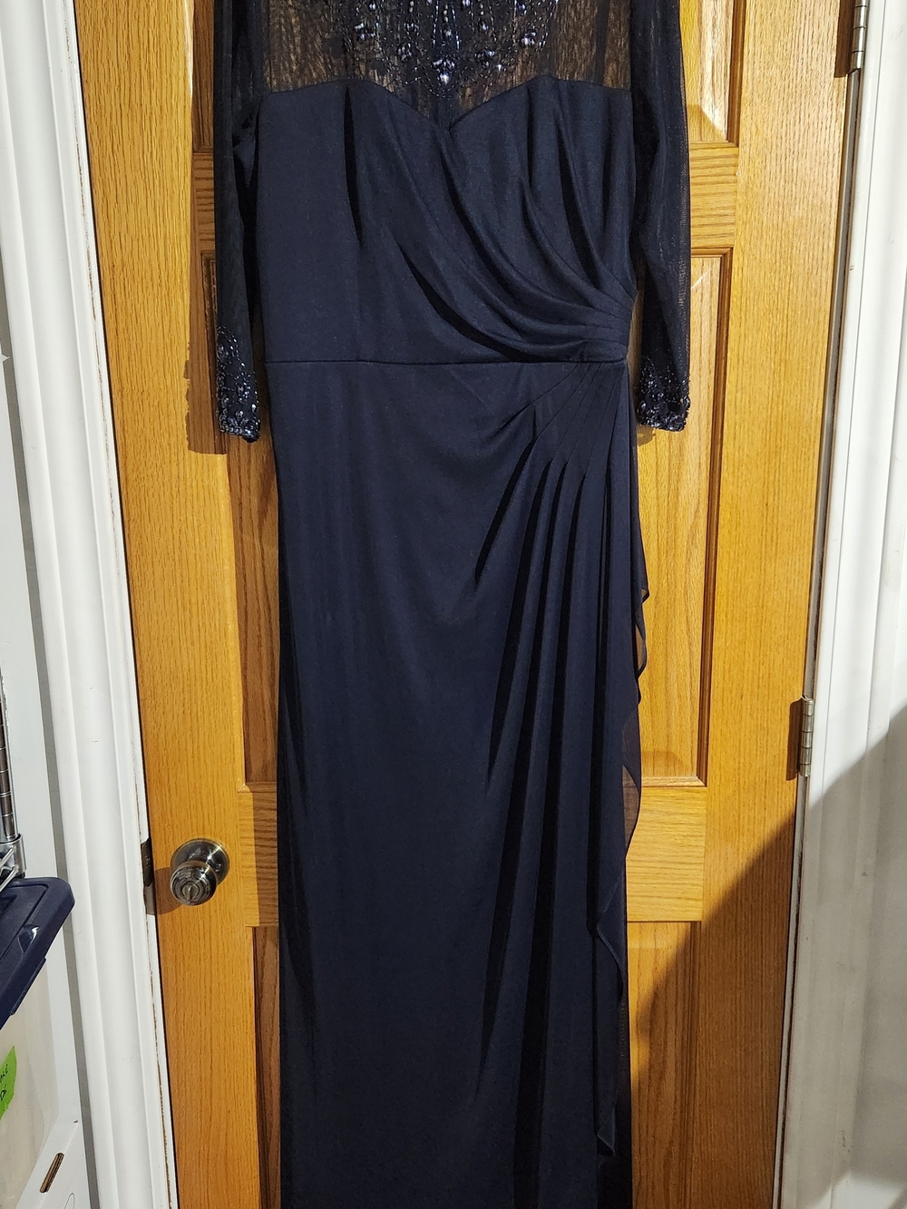 Alex Evenings Navy Long Sleeve Lace Bodice Evening Gown